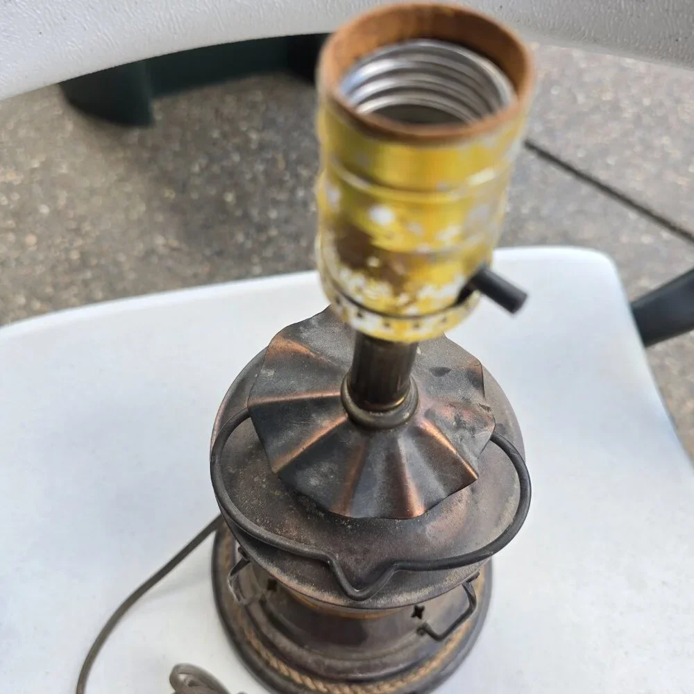Vintage Handmade Nautical Anchor Oil Lantern Table Lamp Amber Glass WORKS Metal
